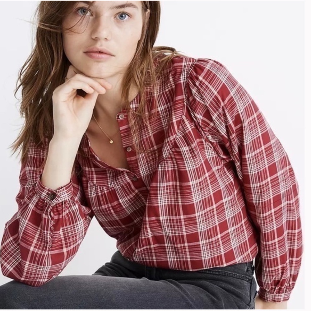 Madewell Red and White Balloon Sleeve Peasant Blouse in plaid